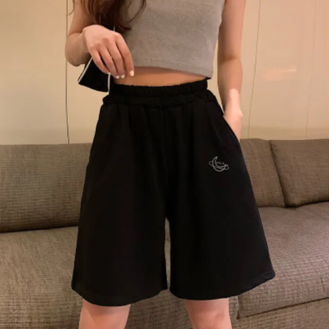 Versatile Ins Embroidered Shorts Women's Summer Korean Large Size Loose Slim Sports Casual Capris Wide Leg Pants Black - Shop at LoveMi