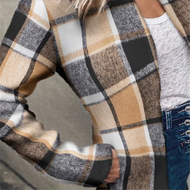 Women's Street Trendy Plaid Slim Coat - Khaki