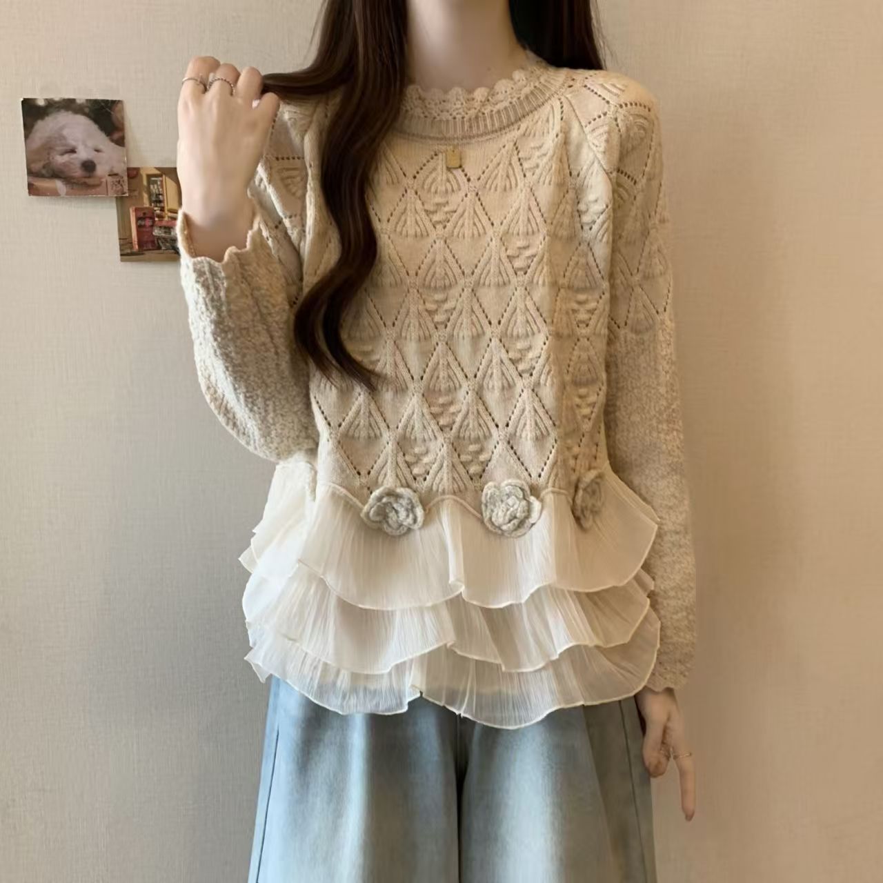 New Cross-border Foreign Trade European And American Women's Clothing Autumn And Winter Styles With Fashionable And Slimming Design, Rose Lace Sweater, Knitted Sweater