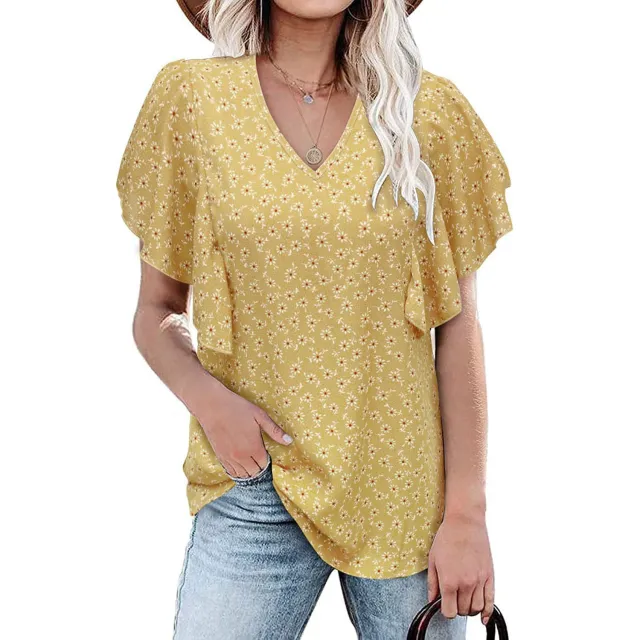V Neck Floral Pleated Shirt Casual Short Sleeve Loose Top Yellow - Shop at LoveMi