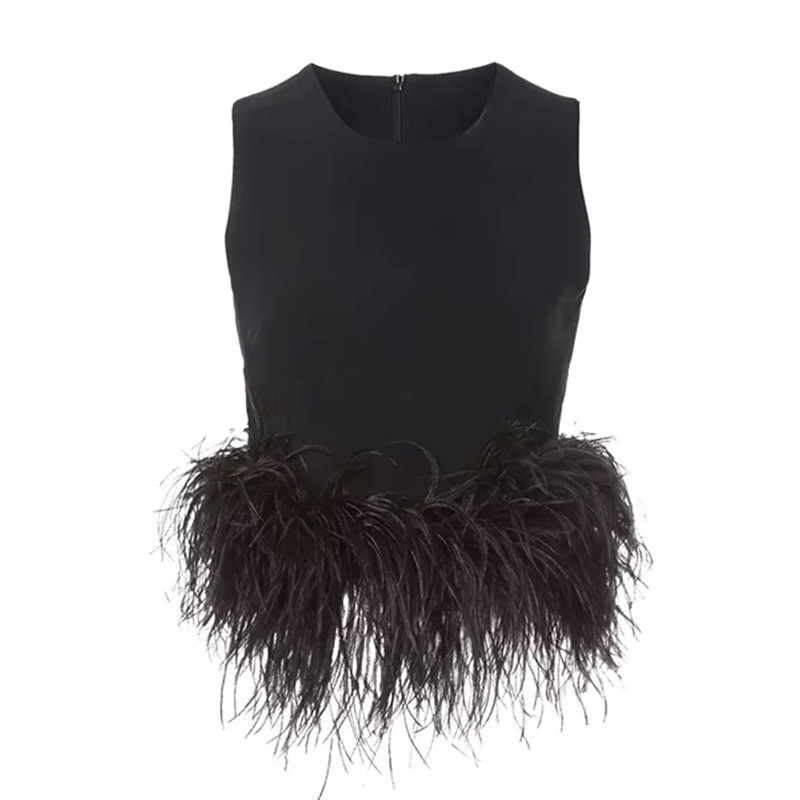 Title 8, Ostrich Fur Slim High Waist Sleeveless Solid Co...