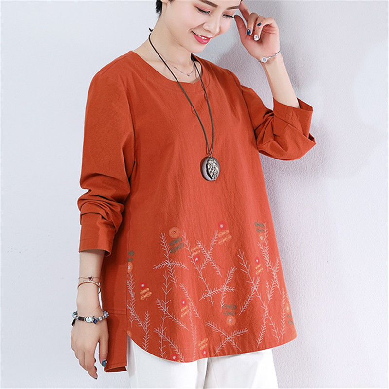 Title 4, Printed Loose Plus Size Cotton Long-sleeved T-s...