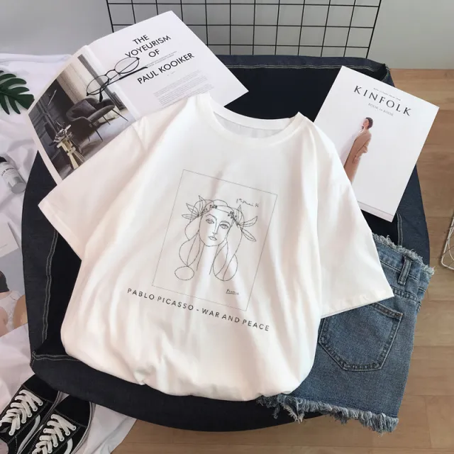 Sculpture Print T Shirt Short Sleeve Women 4 Style - Shop at LoveMi