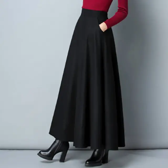 Women's Autumn And Winter Woolen Mid length Swing Skirt Black - Shop at LoveMi