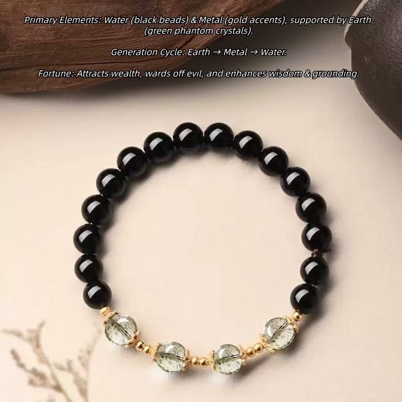 Natural Black Obsidian  Green Phantom Bracelet Fortune Bead Two Tone Chain Unisex Wealth  Protection Jewelry