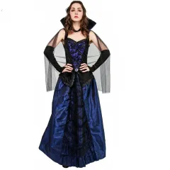 Gothic Vampire Costume Gown with Gloves for Women - Blue and Black - View 1
