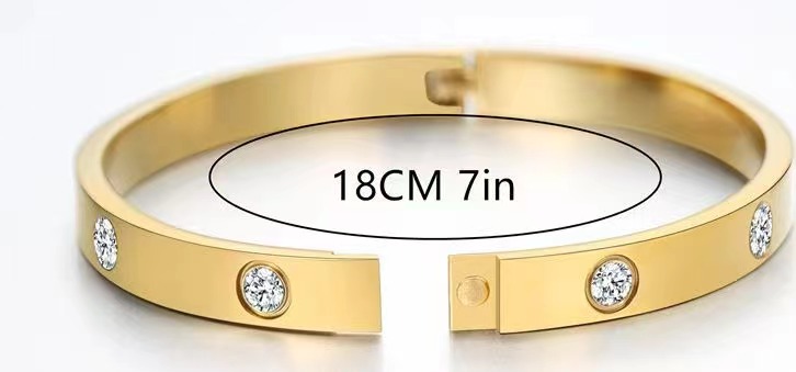 gold-plated-friendship-bracelet-cubic-zirconia-hypo-allergenic-surgical-grade-316L-stainless-steel-love-bright-shiny-smooth-edges-light-heavy-jewelry-box-worn-alone-rings-earrings-charm-inner-circumference-6.7-inches-inner-diameter-2.24-inches-x-1.85-inch