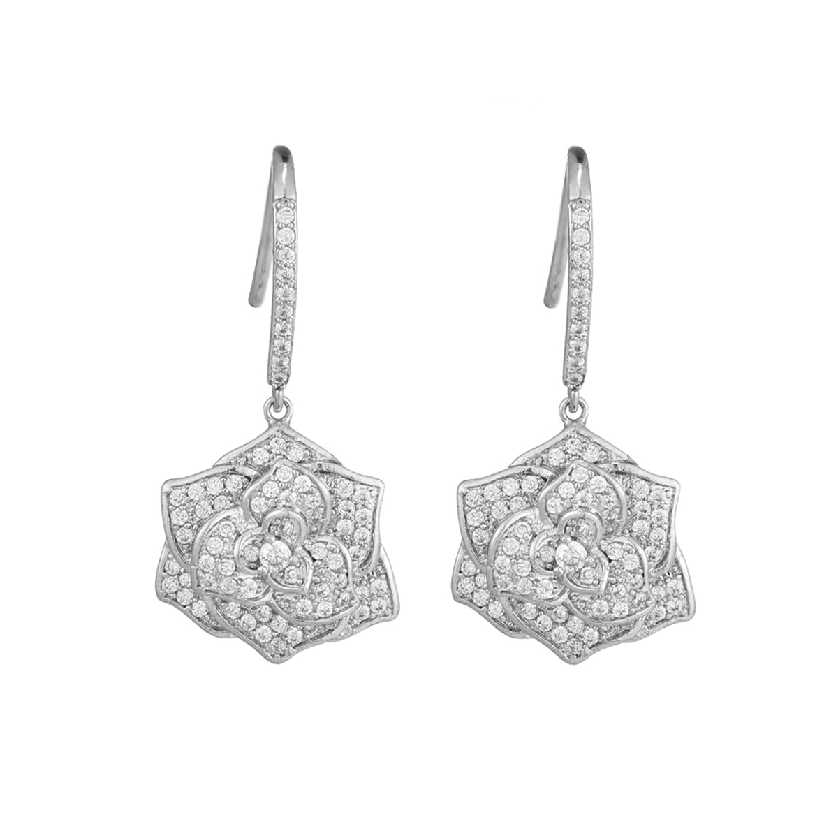 S925 Sterling Silver Rose Drop Earrings, D-VVS1 Moissanite Pave Lever-Back Dangle, Platinum Plated 10.2g Fine Jewelry Gift Box