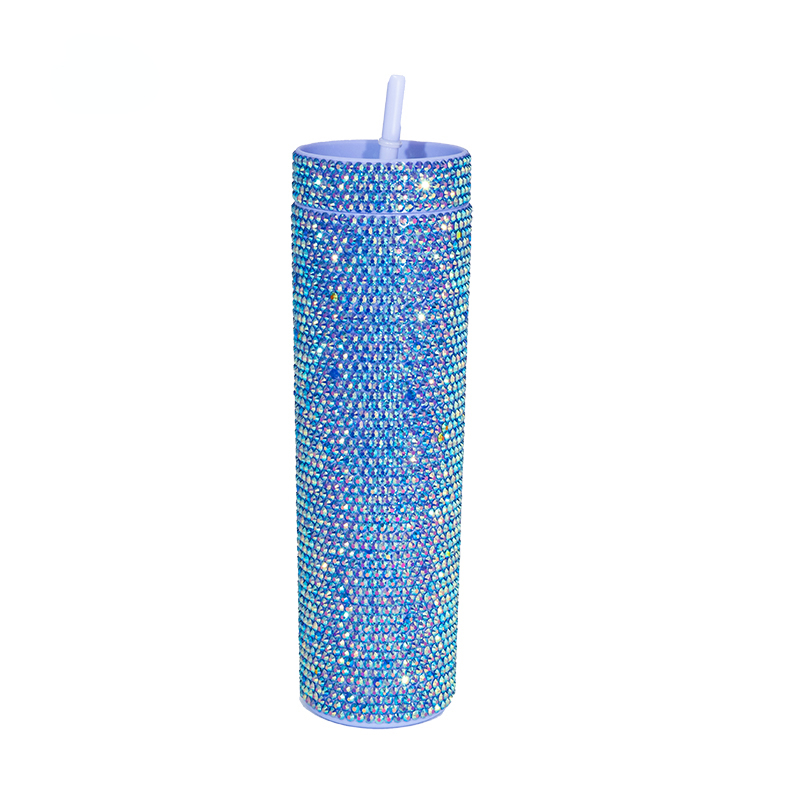 Double-layer Diamond-encrusted Plastic 16OZ Straight Straw Cup