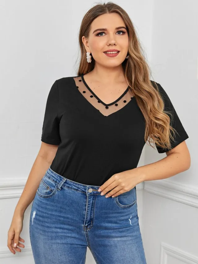 Lace Stitching V neck Temperament Short sleeved Top Black - Shop at LoveMi