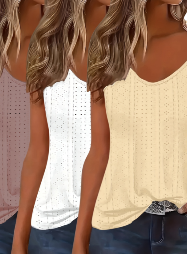 Eyelet Solid Tank Top, Casual Sleeveless Tank Top For Summer, Women's Clothing Set7 - Shop at LoveMi