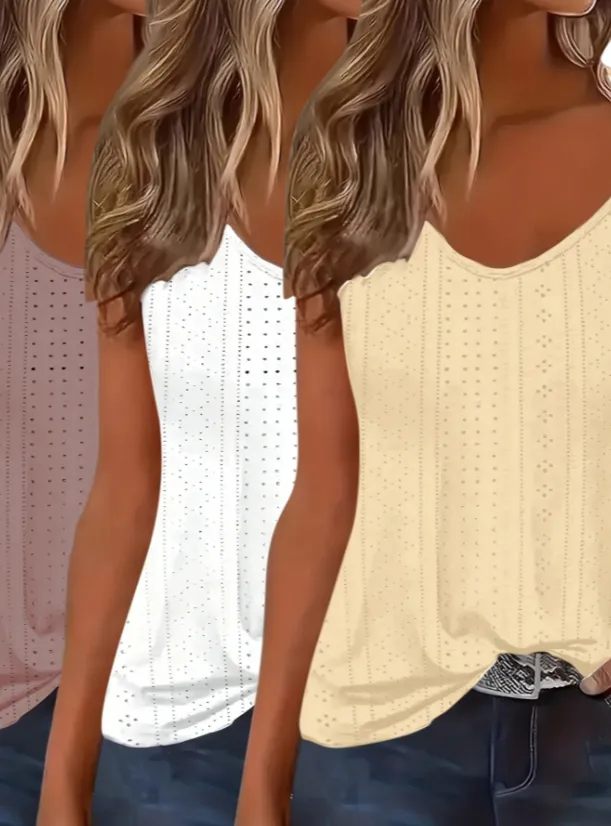 Eyelet Solid Tank Top, Casual Sleeveless Tank Top For Summer, Women's Clothing - Set7