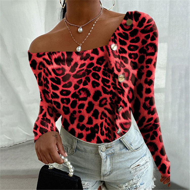 Title 7, Fashion Leopard Print Off Shoulder Long Sleeve Top