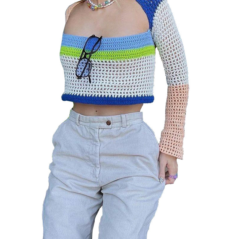 Square Collar Color Stripe Color Matching Hand-crocheted Long-sleeved Shirt