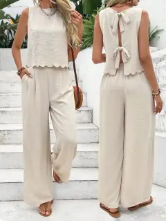 Women's Summer Muscle Simple Everyday Old Money Style Linen Tie Two Piece Set - Apricot - View 1