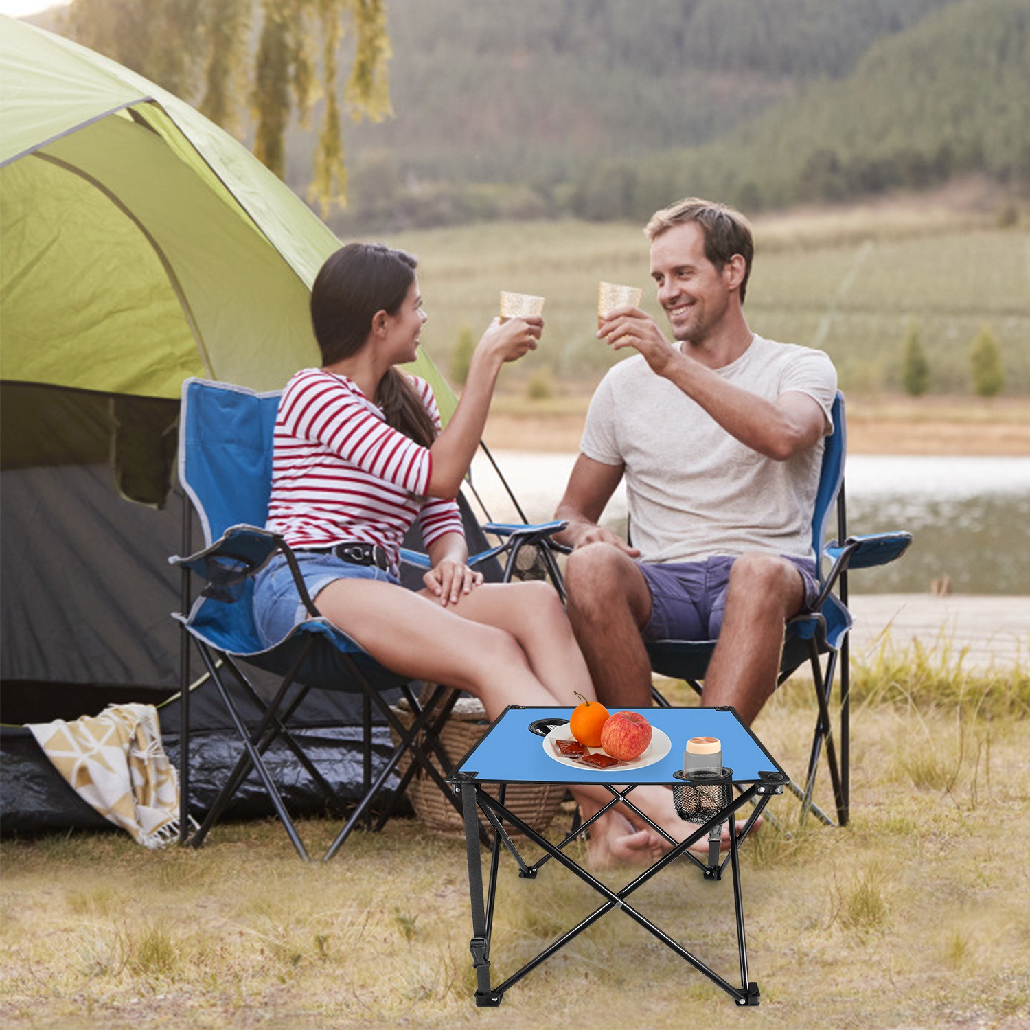 1Pc 2Pc Options Foldable Camping Table Portable Picnic Table Lightweight Travel Desk With 2 Cup Holders Carrying Bag Color Options Black Orange Green Red Blue Navy Blue image 43
