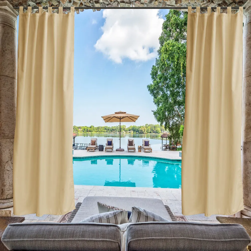 Outdoor Privacy Waterproof Fabric Mildew Resistant Tab Top Window Curtain-Beige