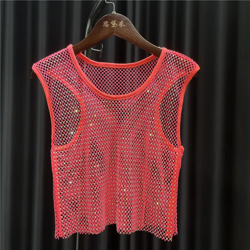 Thin Flash Diamond Short Tank Top - Rose Red