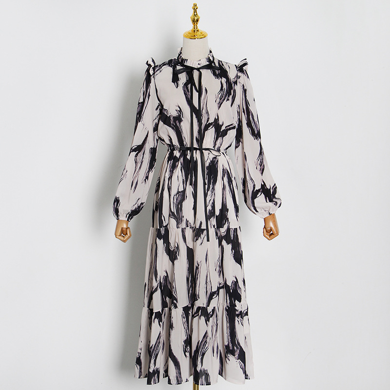 Women Maxi Dress Female Long Sleeve Printed Robe Lady