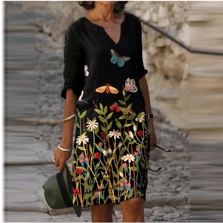 V-neck Sexy Vintage Print Dress Middle-aged And Elderly Ladies Casual Mid-length Shirt - Black
