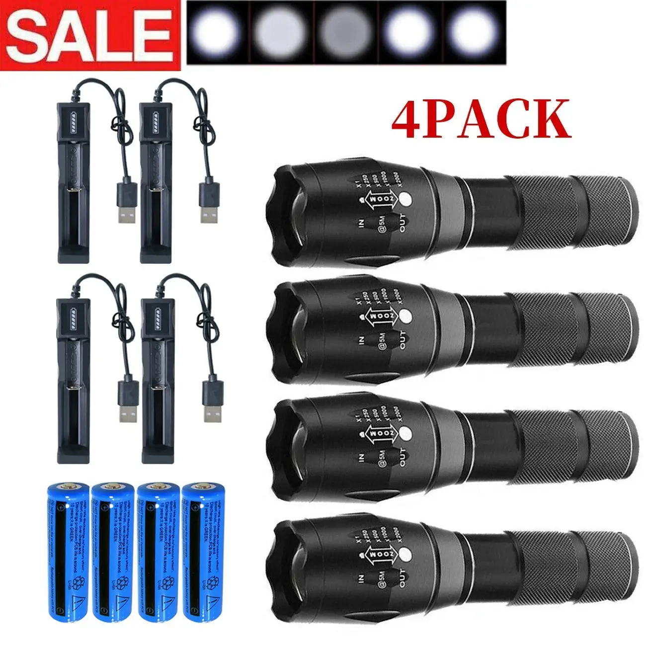 Strong Flashlight Zoom Torch USB Rechargeable Super Bright Camping Lamp Work Light
