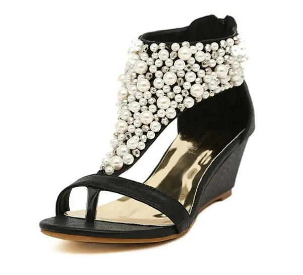 Summer Fashion Beaded Rhinestone Flip toe Wedge Women's Shoes Black - Shop at LoveMi
