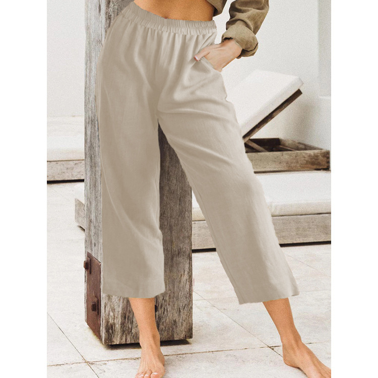 Women's Solid Color Loose Casual Elastic High Waist Cropped Pants Khaki - Shop at LoveMi