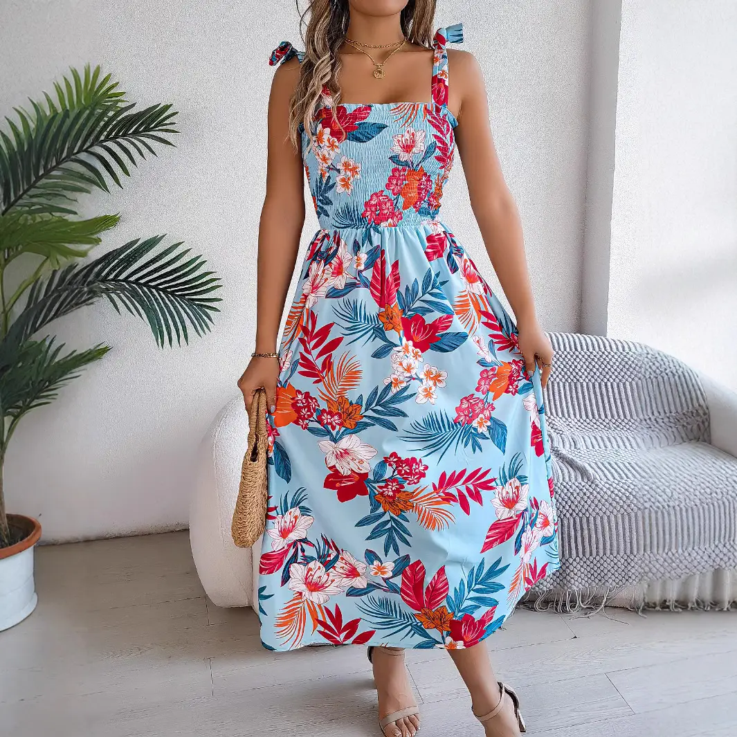 Flowers Print Suspender Corset Dress Ins Fashion Holiday Beach Long Dresses