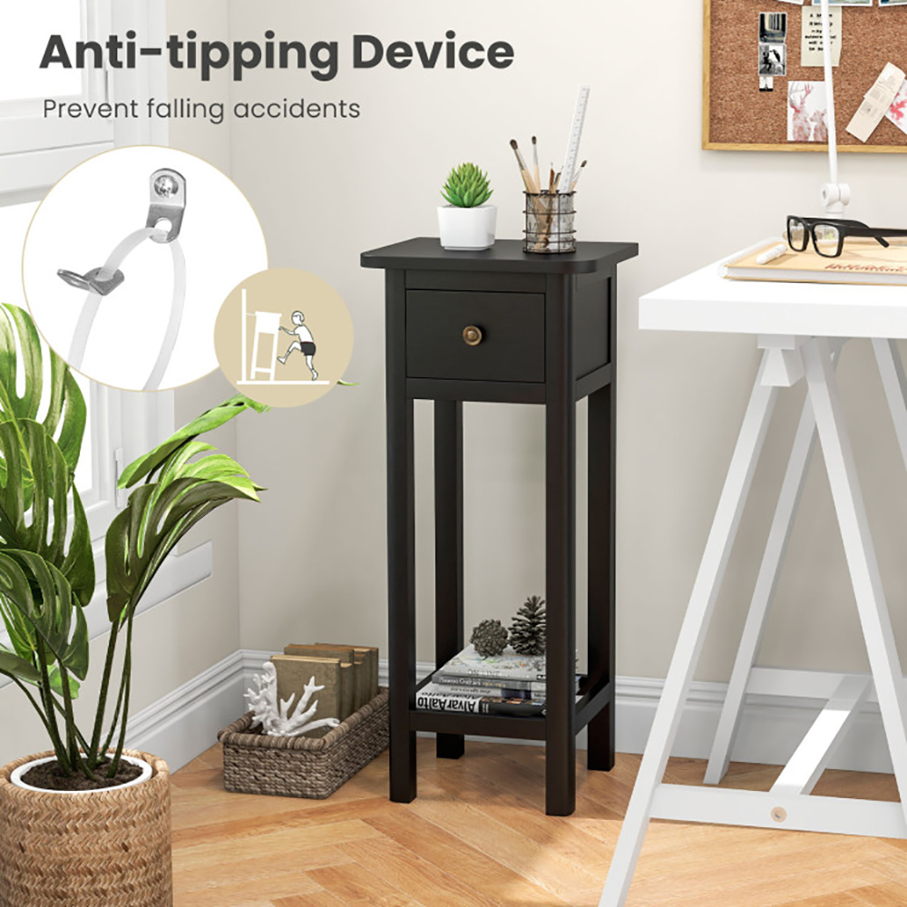 2 Tier Slim Nightstand Bedside Table With Drawer Shelf_voghion.com