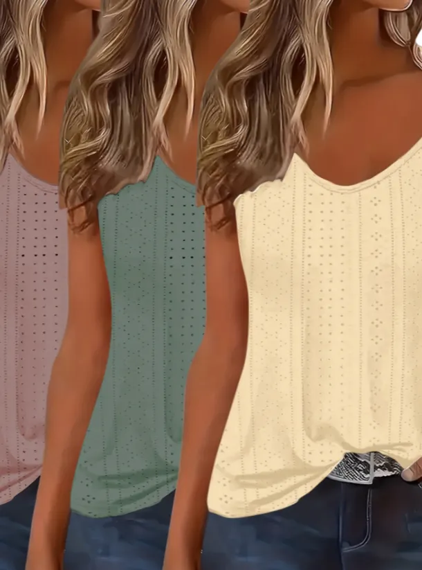 Eyelet Solid Tank Top, Casual Sleeveless Tank Top For Summer, Women's Clothing Set10 - Shop at LoveMi