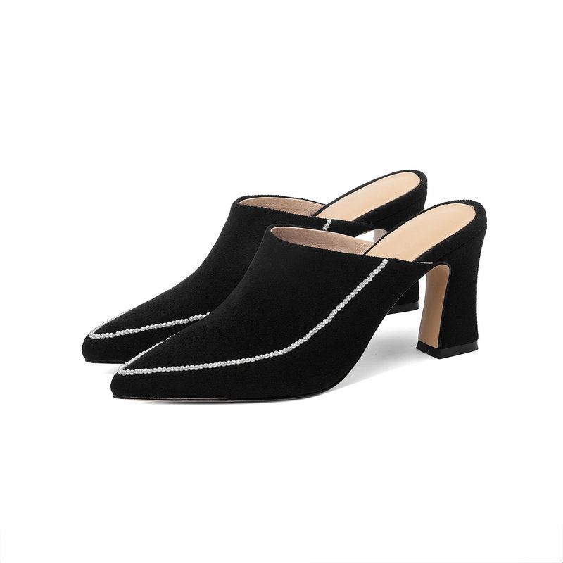 Baotou Half Slippers Women's Outer Wear Half Support Thick heeled High heeled Shoes All match Pointed Toe Black - Shop at LoveMi