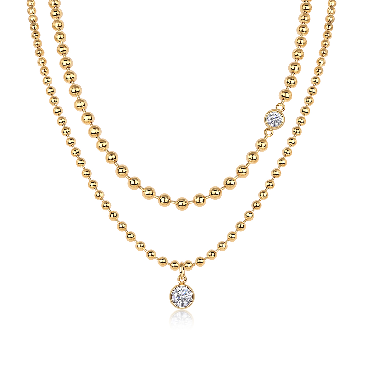 S925 Sterling Silver 1ct D Color VVS1 Moissanite Double Layer Beaded Necklace 40cm 23.3g Gold Plated GRA Certified Gift Box