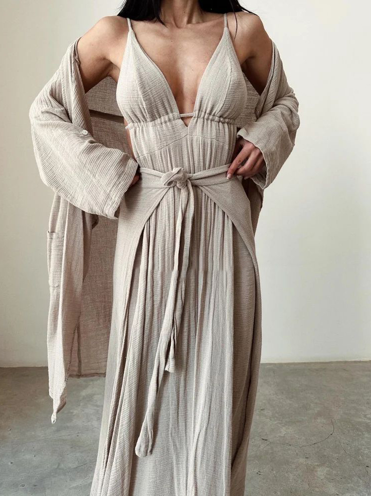 Linen Wrap Bohemian Backless Slit Two-piece Dress