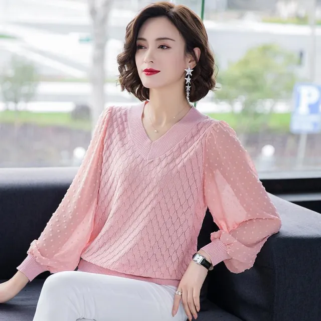 Ladies New Hollow Breathable Knit Sweater Ice Silk Loose Top Pink - Shop at LoveMi