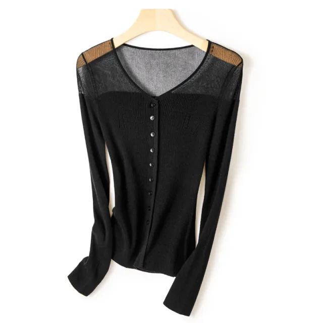 Deep V Neck Single Breasted Long Sleeved Black - Shop at LoveMi