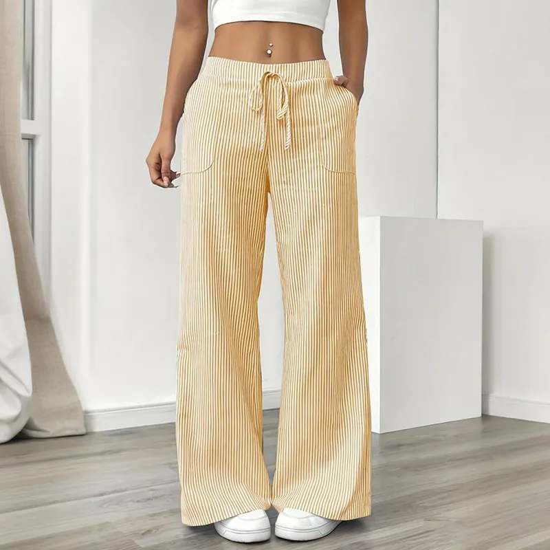 Women's Striped Print Straight Wide Leg Pants Drawstring Waist Slant Pockets Pants Casual Long Pants - Yellow