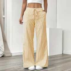 Women's Striped Print Straight Wide Leg Pants Drawstring Waist Slant Pockets Pants Casual Long Pants - Yellow - View 1