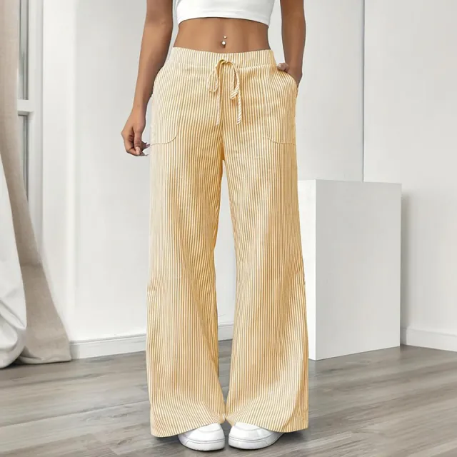 Women's Striped Print Straight Wide Leg Pants Drawstring Waist Slant Pockets Pants Casual Long Pants Yellow - Shop at LoveMi