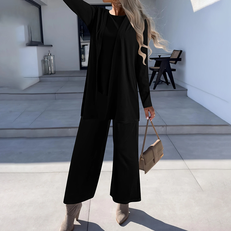 Women's Plus Size Casual 3-Piece Set Open Front Cardigan Sleeveless Vest Pants Solid Color Lounge Set - Image 1