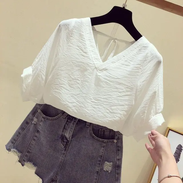 V neck Chiffon Shirt Women's Short sleeved Super Sweet Loose Thin Belly Covering Top White - Shop at LoveMi