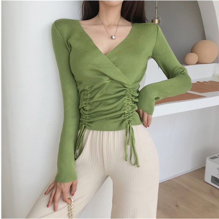 V-neck Drawstring Pleated Top Slim Lace-up Long-sleeved T-shirt Sweater Women