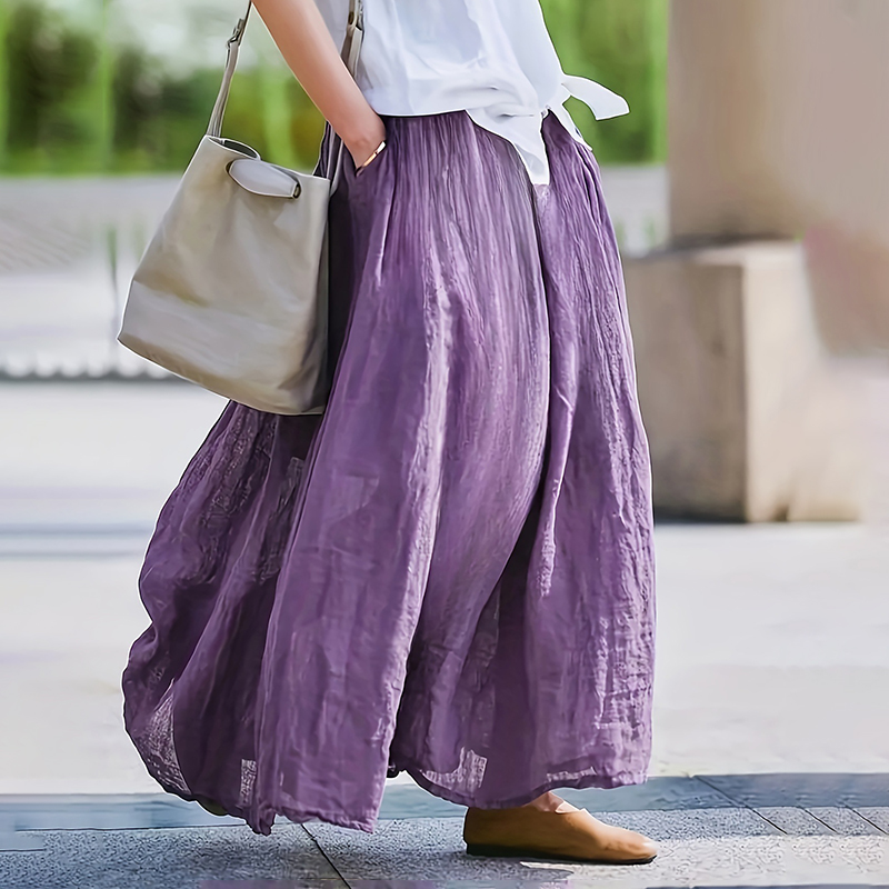 Women Bohemian Beach A Line Dress Elastic Waist Flowy Long Maxi Skirt With Pockets Purple - Shop at LoveMi