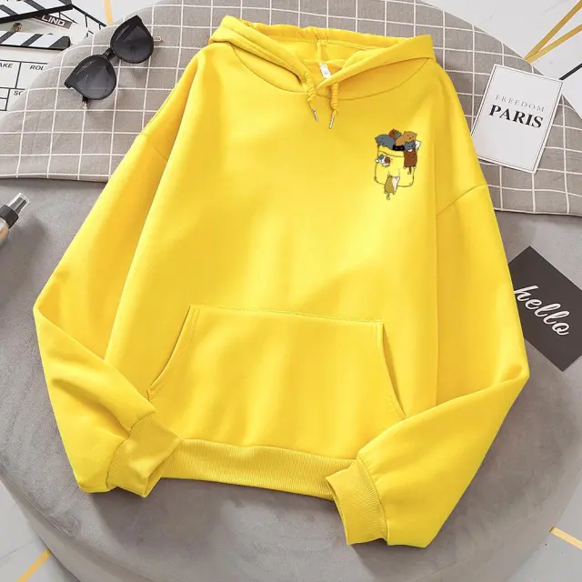Popular Women's Pocket Cat Fleece Long sleeved Sweater Hoodie Yellow - Shop at LoveMi