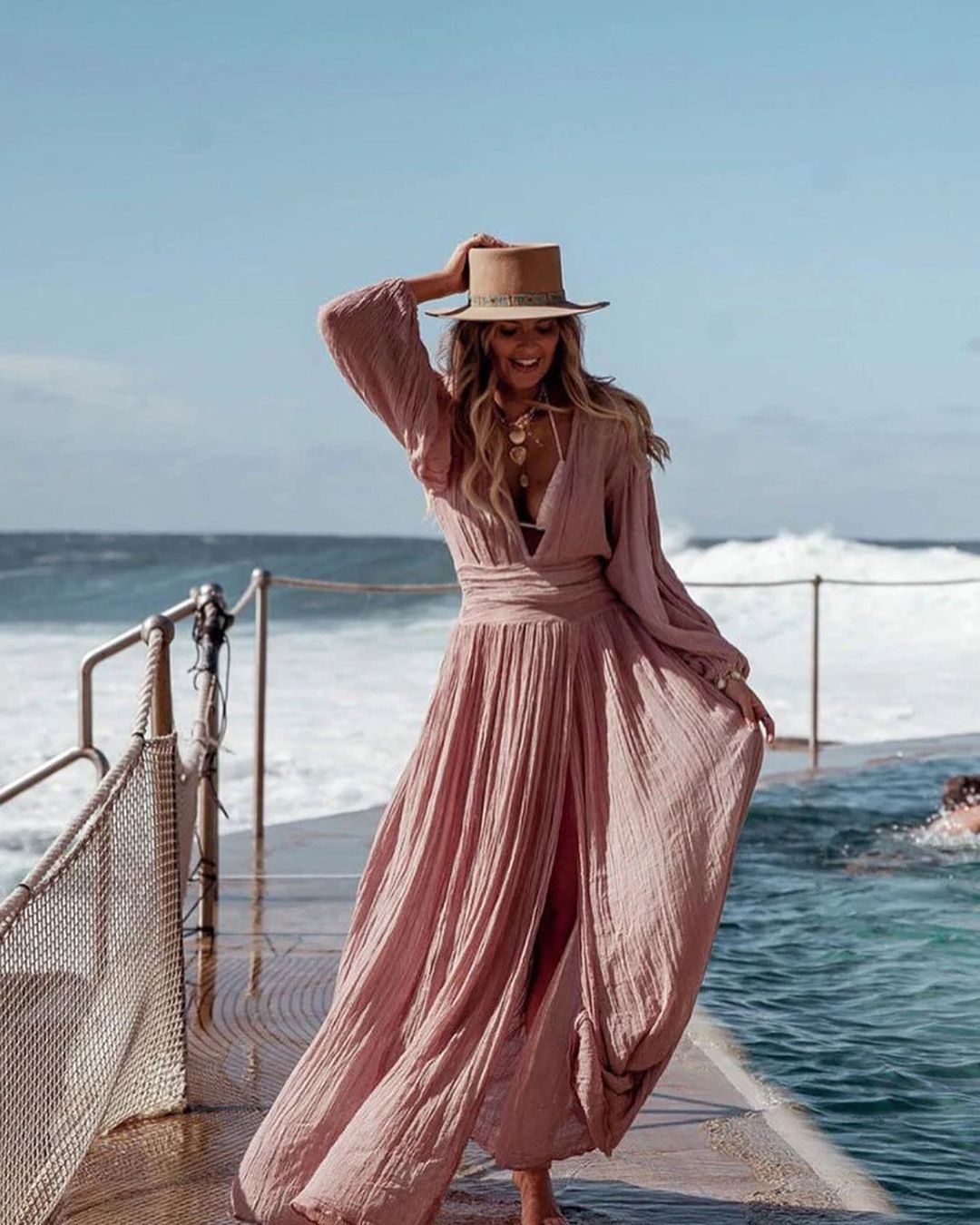 Deep V-Neck Balloon-Sleeve Slit Maxi Dress — product details and sizing image 6
