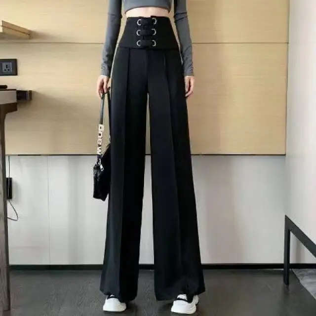 women's high waist wide leg pants drape straight spring autumn Black Regular - Shop at LoveMi