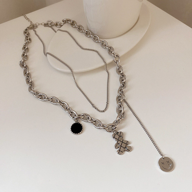 Titanium Steel Double Layer Bear Smiling Face Thick Necklace Female Simple Clavicle Chain