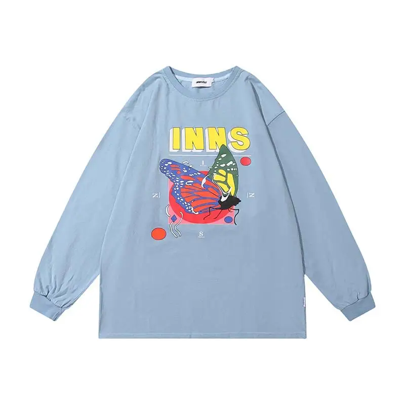 Street Trend Washed Letter Butterfly Print Men's Long Sleeve T-Shirt
