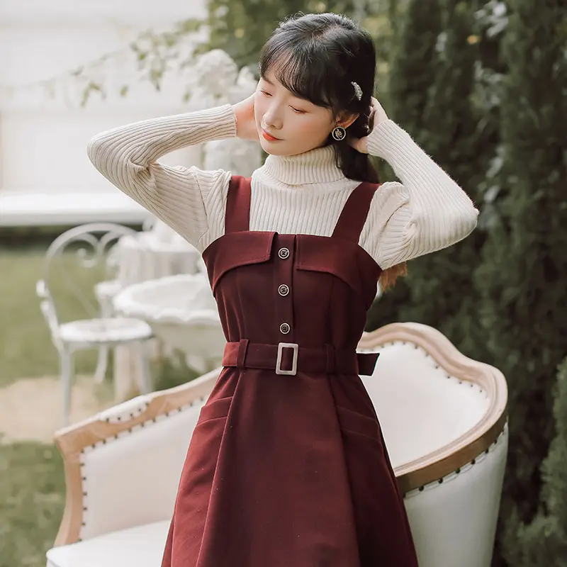 Corduroy Pinafore Midi Dress with Belt and Button Detail