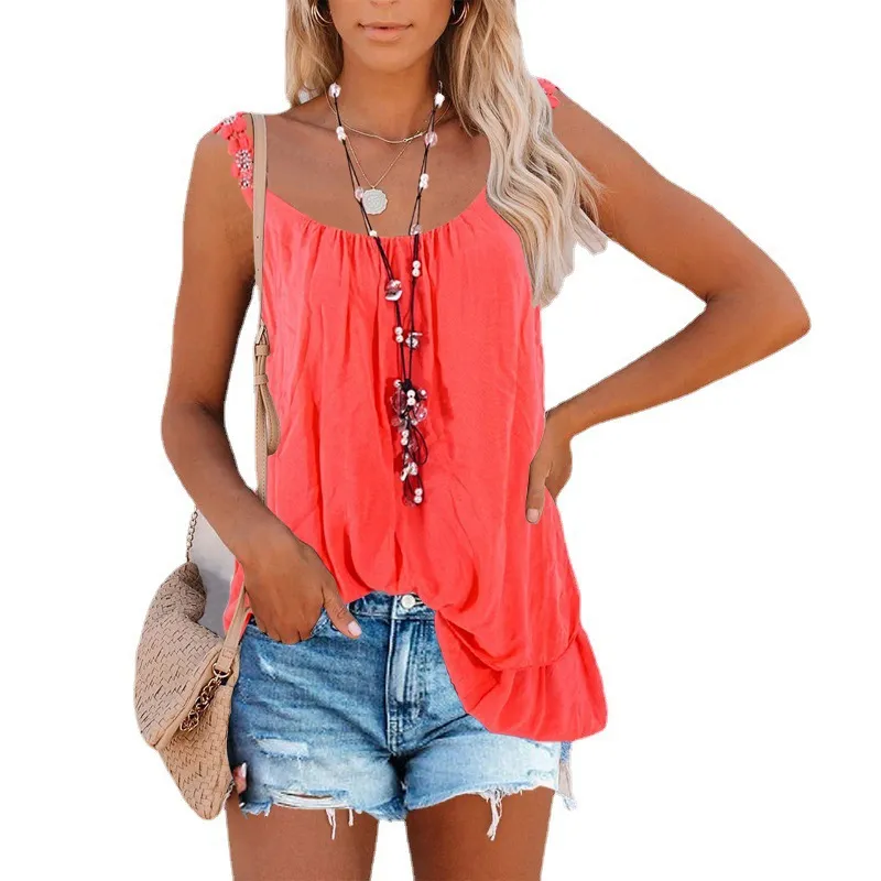 Women's Sling Solid Color Double Layer Stitching Top - Orange