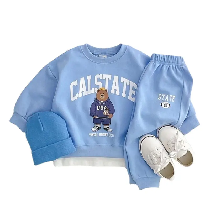 Children's Spring And Autumn Sports Cartoon Bear Letter Floral Print Long Sleeve Pullover Two-piece Pants